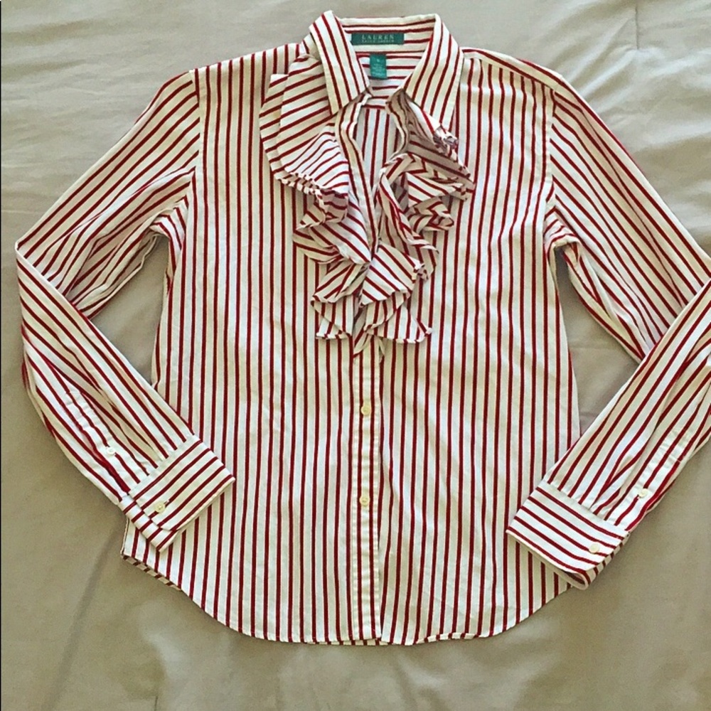 Ralph Lauren Red and White Striped Ruffled Blouse